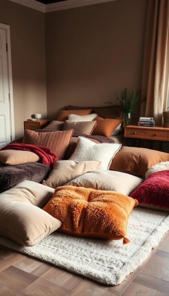 A cozy, stylish arrangement of plush floor pillows in a warm, inviting bedroom. The pillows are scattered artfully across a soft, neutral-toned rug, creating a comfortable, intimate seating area. The lighting is soft and diffused, casting a gentle glow over the scene. The color palette is muted and earthy, with accents of rich, jewel-toned hues in the form of textured throws and decorative elements. The overall mood is one of relaxation and refinement, perfectly capturing the essence of a chic "bed on the floor" aesthetic.