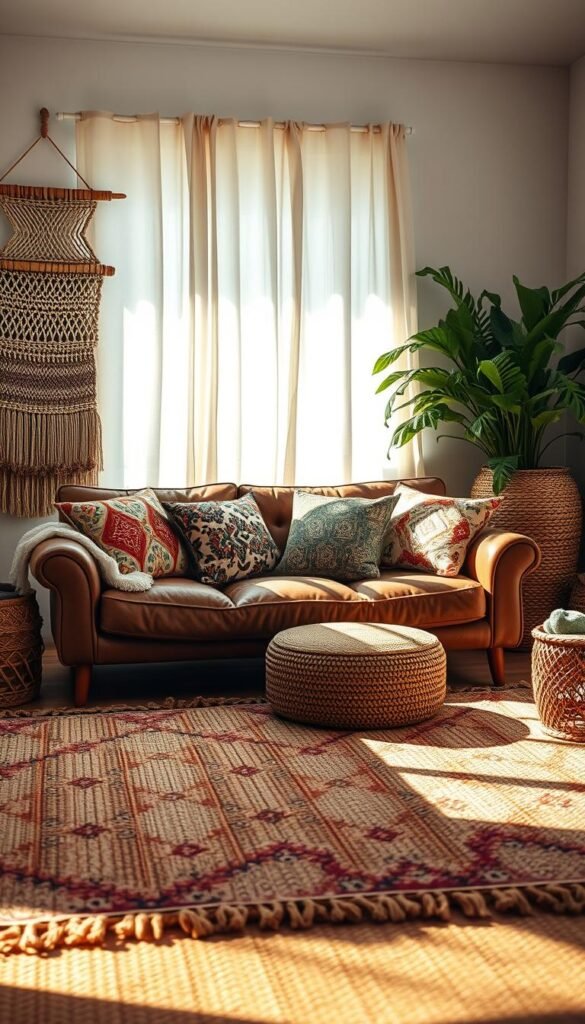 A cozy, sun-dappled boho living room with a harmonious blend of intricate patterns. In the foreground, a plush, tasseled rug in earthy tones anchors the space. Midground, a low-slung, distressed leather sofa is adorned with a mix of patterned throw pillows in geometric, floral, and tribal motifs. The background features a hanging macrame wall hanging, casting delicate shadows, and a large woven basket overflowing with lush potted greenery. Warm, directional lighting filters through sheer curtains, creating a soft, inviting ambiance. The overall effect is one of effortless, free-spirited style that celebrates the beauty of juxtaposed textures and patterns. A cozy, sun-dappled boho living room with a harmonious blend of intricate patterns. In the foreground, a plush, tasseled rug in earthy tones anchors the space. Midground, a low-slung, distressed leather sofa is adorned with a mix of patterned throw pillows in geometric, floral, and tribal motifs. The background features a hanging macrame wall hanging, casting delicate shadows, and a large woven basket overflowing with lush potted greenery. Warm, directional lighting filters through sheer curtains, creating a soft, inviting ambiance. The overall effect is one of effortless, free-spirited style that celebrates the beauty of juxtaposed textures and patterns.