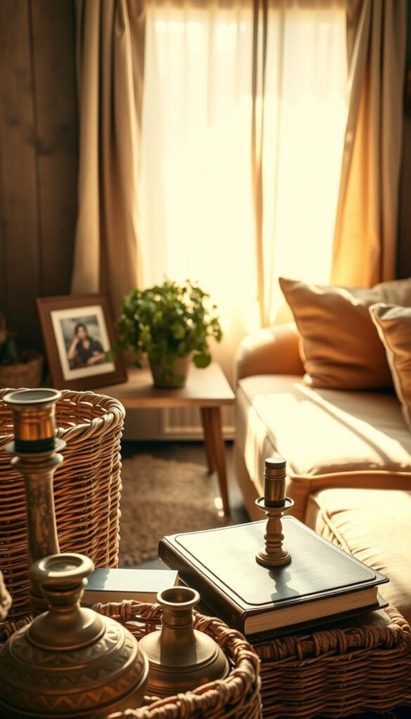 A cozy, sun-dappled corner of a rustic farmhouse living room. In the foreground, an eclectic arrangement of vintage thrifted treasures - an old wicker basket, a tarnished brass candlestick, a worn leather-bound book. Midground features a weathered wooden side table with a lush potted plant and a framed sepia-toned photograph. The background showcases a glimpse of a plush, earthy-toned sofa and a sheer linen curtain billowing gently in the soft natural light. Hints of creams, browns, and mossy greens create a warm, inviting boho-inspired ambiance. Captured with a vintage film-like aesthetic using a wide-angle lens for a sense of cozy intimacy.