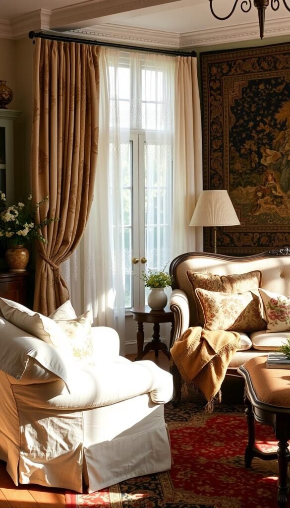 A cozy, sun-drenched French country living room, filled with a lush abundance of textiles and fabrics. In the foreground, a plush, overstuffed armchair is draped in a soft, floral-patterned slipcover. Nearby, a vintage-inspired settee is adorned with a tapestry-like throw and decorative pillows in a mix of paisley, toile, and damask prints. In the middle ground, sheer, lace-trimmed curtains billow gently, casting a warm, diffused light across the scene. In the background, a large, ornate tapestry hangs on the wall, its intricate design echoed in the antique rug underfoot. The overall mood is one of relaxed sophistication and enveloping comfort.