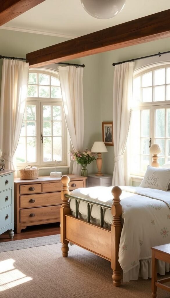 A cozy, sun-drenched farmhouse bedroom with a serene color palette. Soft, muted hues of sage green, dusty blue, and creamy white create a soothing ambiance. Warm, natural wood tones from the antique dresser and bed frame add rustic charm. Delicate floral patterns on the bedding and curtains complement the earthy tones. Soft, diffused lighting filters through the large, mullioned windows, casting a gentle glow. The room has an inviting, tranquil atmosphere, perfect for relaxation and rest.