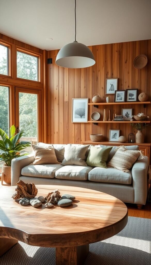 A cozy, sun-drenched living room with a warm, inviting atmosphere. In the foreground, a large wooden coffee table is adorned with natural elements like river stones, driftwood, and a lush potted plant. Mid-ground features a plush, oatmeal-colored linen sofa accented by textured throw pillows in earthy hues. The back wall showcases a stunning floor-to-ceiling window, allowing natural light to flood the space and highlighting the rich, honey-toned wood paneling. Strategically placed wall shelves display artful ceramics, woven baskets, and a few framed nature prints. Soft, diffused lighting emanates from a minimalist pendant lamp overhead, creating a serene, organic ambiance throughout.