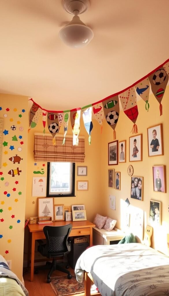 A cozy, sun-lit bedroom with vibrant DIY projects showcasing a young boy's personality. In the foreground, colorful wall decals in various shapes and patterns cover the walls, creating a playful, customized space. The middle ground features handmade fabric bunting, adorned with playful motifs like sports balls, animals, and geometric designs, suspended from the ceiling. In the background, a simple wooden desk displays a collection of framed artwork and photographs, reflecting the child's interests and achievements. Warm, natural lighting fills the room, lending a welcoming, homely atmosphere.