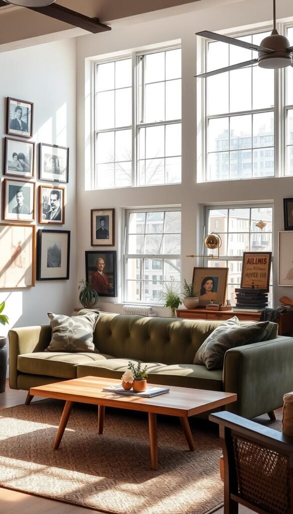 A cozy, sunlit vintage modern living room with a mix of antique and contemporary furnishings. In the foreground, a plush velvet sofa in a muted green hue, accented by a mid-century inspired coffee table with a natural wood finish. On the walls, a gallery of framed vintage prints and artwork, casting warm shadows across the space. The middle ground features a sleek minimalist floor lamp and a potted plant, blending old and new elements. The background showcases large windows that flood the room with soft, natural light, revealing a neutral color palette and hints of industrial-inspired decor, creating a harmonious balance of past and present.