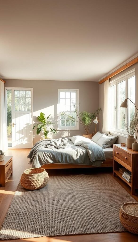 A cozy, sustainable bedroom with natural light streaming through large windows, illuminating a minimalist, earthy color palette. Bamboo furniture, organic cotton linens, and a lush, plant-filled corner create a serene, eco-conscious ambiance. Reclaimed wood accents, a low-profile bed, and simple, energy-efficient lighting fixtures blend seamlessly. Soft, diffused lighting casts a warm, inviting glow, while a neutral, textured rug grounds the space. Thoughtfully curated decor, such as a woven basket and handcrafted ceramics, showcase sustainable, locally-sourced materials. The overall atmosphere is one of comfort, simplicity, and environmental consciousness.
