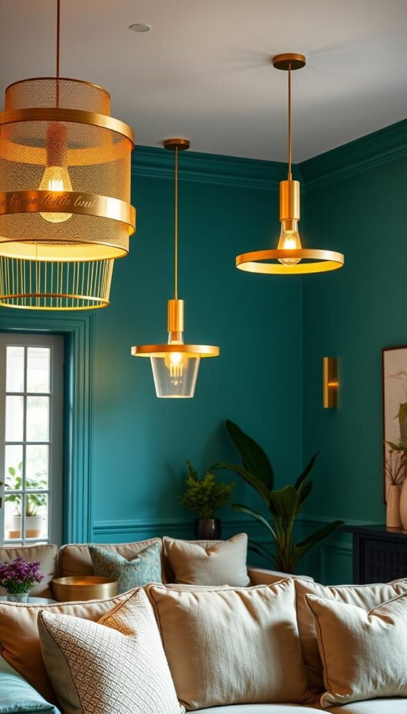 A cozy teal-hued living room with stunning gold light fixtures suspended from the ceiling, casting a warm, ambient glow throughout the space. The fixtures feature sleek, minimalist designs with subtle textures that catch the light, creating a luxurious and inviting atmosphere. The walls are adorned with a soft, muted teal tone, complementing the gold accents and creating a harmonious color palette. Plush, comfortable seating arrangements invite guests to relax and unwind, while carefully selected decor elements, such as potted plants and textured throw pillows, add depth and character to the room.