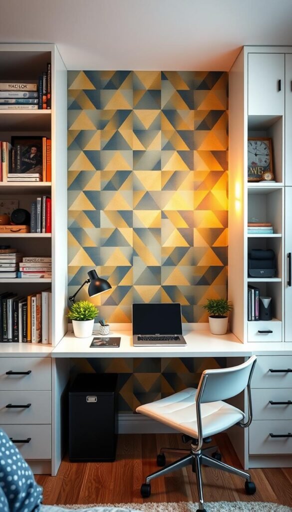 A cozy teen bedroom featuring smart storage solutions flanking a well-organized desk. In the foreground, custom shelving units with compartments and cubbies for books, electronics, and personal items. In the middle, a sleek, minimalist desk with a laptop, stationery, and a potted plant. The background showcases a vibrant, geometric-patterned accent wall, casting a warm glow from the indirect lighting. The overall scene conveys a sense of productivity, functionality, and youthful style.