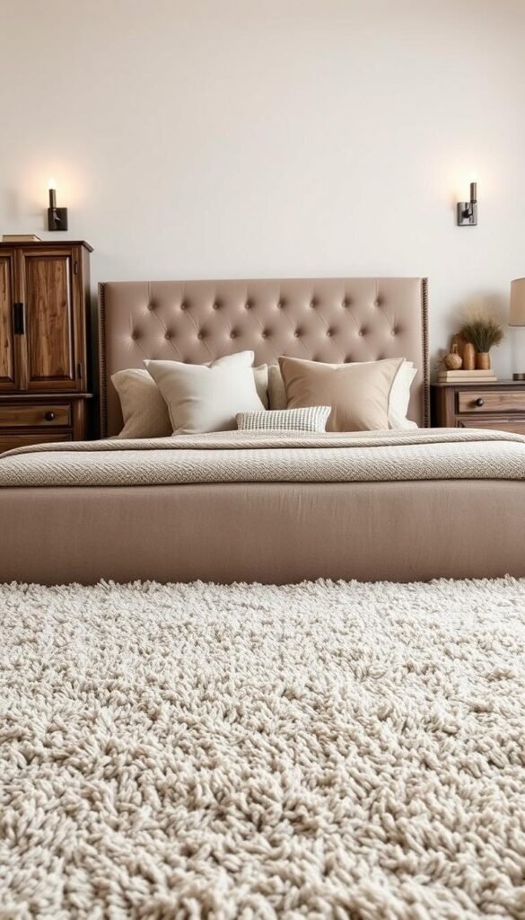 A cozy, textured bedroom with warm, inviting vibes. In the foreground, a plush, beige-toned area rug anchors the space, its intricate patterns adding visual interest. The middle ground features a sumptuous, tufted headboard in a complementary neutral shade, accented by decorative throw pillows in varying textures, like velvet and linen. The background showcases distressed wood furnishings, including a dresser and nightstands, their weathered surfaces lending an organic, rustic charm. Soft, diffused lighting from a pair of minimalist wall sconces casts a gentle glow, creating a serene, relaxing ambiance. Overall, the scene exudes a tactile, comforting atmosphere, perfect for a tranquil, neutral-toned bedroom retreat.