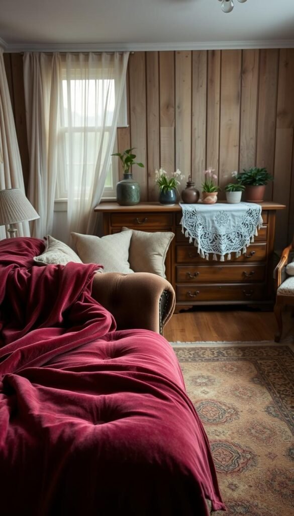 A cozy vintage bedroom with layers of sumptuous textiles. In the foreground, a plush velvet throw blanket in a rich burgundy hue cascades over a worn, tufted chesterfield sofa. Piled high with an array of patterned pillows in muted tones, the sofa invites relaxation. In the middle ground, a Persian rug in earthy tones grounds the space, leading the eye to an antique oak dresser adorned with delicate lace runners and a cluster of potted plants. The background features a wall paneled in weathered wood, creating a rustic, lived-in ambiance. Soft, diffused lighting filters through sheer curtains, casting a warm, intimate glow throughout the room. An atmosphere of timeless elegance and understated comfort pervades the scene. A cozy vintage bedroom with layers of sumptuous textiles. In the foreground, a plush velvet throw blanket in a rich burgundy hue cascades over a worn, tufted chesterfield sofa. Piled high with an array of patterned pillows in muted tones, the sofa invites relaxation. In the middle ground, a Persian rug in earthy tones grounds the space, leading the eye to an antique oak dresser adorned with delicate lace runners and a cluster of potted plants. The background features a wall paneled in weathered wood, creating a rustic, lived-in ambiance. Soft, diffused lighting filters through sheer curtains, casting a warm, intimate glow throughout the room. An atmosphere of timeless elegance and understated comfort pervades the scene.