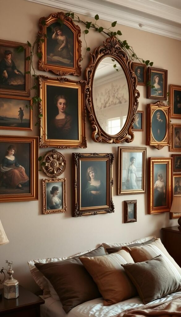 A cozy vintage gallery wall adorns the bedroom, featuring a curated collection of antique oil paintings, ornate golden-framed mirrors, and sepia-toned photographs. The wall is bathed in warm, soft lighting, illuminating the richly textured and aged surfaces of the artwork. The arrangement is carefully balanced, with varying sizes, shapes, and styles creating a harmonious visual symphony. Delicate ivy tendrils and lush greenery cascade from the top of the frame, adding a touch of organic elegance. The overall mood is one of timeless elegance, transporting the viewer to a bygone era of refined and sophisticated decor. A cozy vintage gallery wall adorns the bedroom, featuring a curated collection of antique oil paintings, ornate golden-framed mirrors, and sepia-toned photographs. The wall is bathed in warm, soft lighting, illuminating the richly textured and aged surfaces of the artwork. The arrangement is carefully balanced, with varying sizes, shapes, and styles creating a harmonious visual symphony. Delicate ivy tendrils and lush greenery cascade from the top of the frame, adding a touch of organic elegance. The overall mood is one of timeless elegance, transporting the viewer to a bygone era of refined and sophisticated decor.