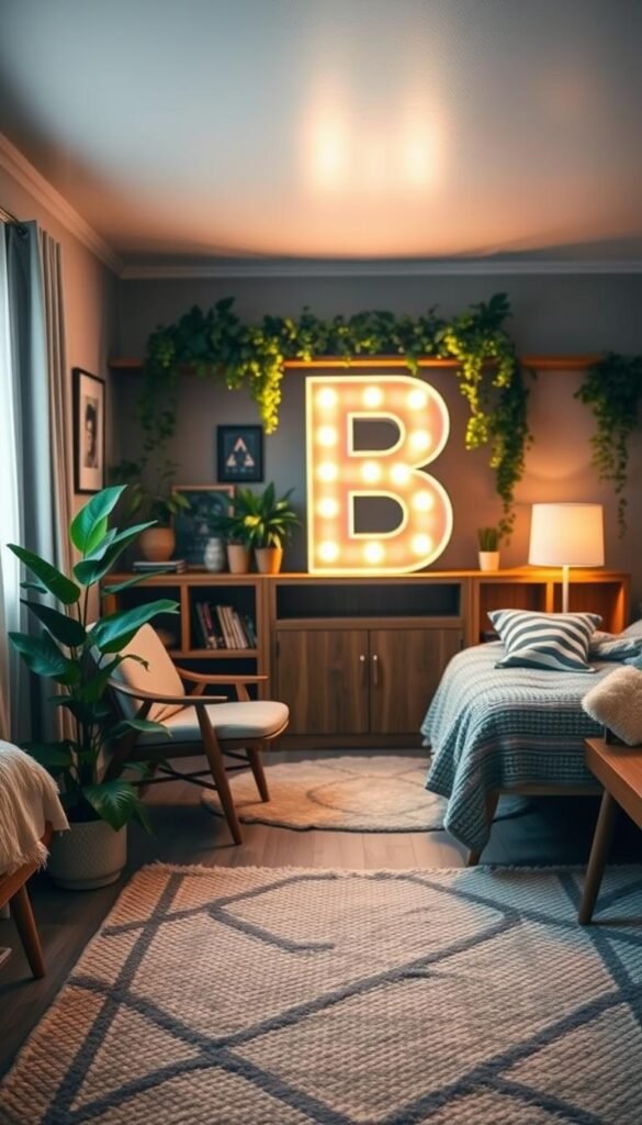 A cozy vintage-inspired bedroom with a vibrant marquee letter decor piece as the focal point. The letter is illuminated by warm, soft lighting, casting a gentle glow across the space. The letter is placed on a rustic wood shelving unit, complemented by lush greenery, a plush textured rug, and mid-century modern furniture. The overall atmosphere is inviting and nostalgic, evoking a sense of timeless charm. The room is bathed in muted, earthy tones that create a relaxing, comfortable ambiance. The camera angle captures the marquee letter in the foreground, with the rest of the bedroom elements receding into the background, emphasizing the central decorative piece.