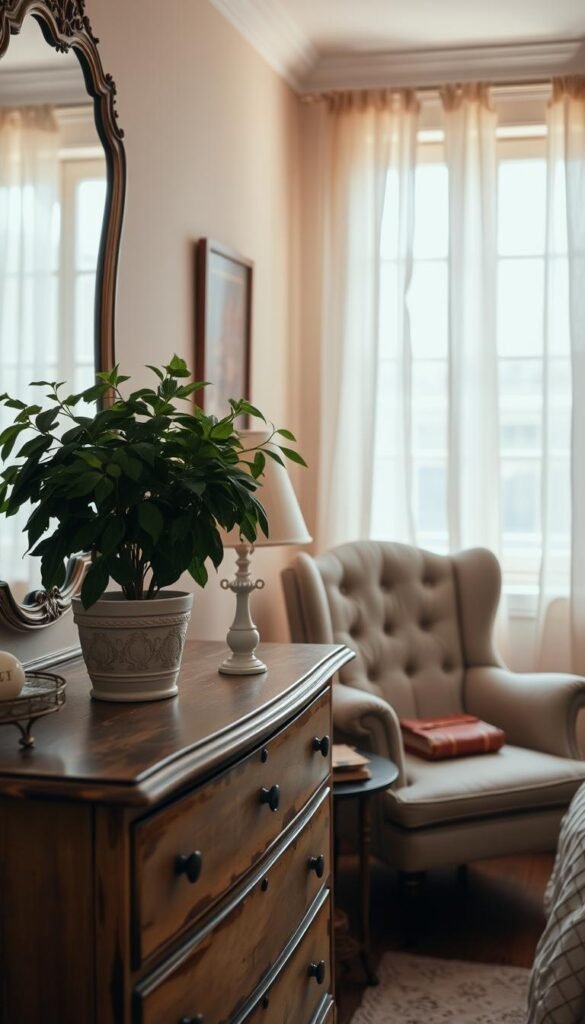 A cozy, vintage-inspired small bedroom with soft lighting and warm tones. In the foreground, a well-worn, distressed wooden dresser topped with a lush, leafy potted plant. On the wall above, an ornate vintage mirror reflects the scene. In the middle ground, a plush, tufted upholstered chair in a muted floral pattern sits beside a small side table holding a worn leather-bound book. The background features a sash window with sheer curtains, allowing natural light to filter in and create a gentle, hazy atmosphere. The overall mood is one of relaxed, lived-in comfort and timeless charm. A cozy, vintage-inspired small bedroom with soft lighting and warm tones. In the foreground, a well-worn, distressed wooden dresser topped with a lush, leafy potted plant. On the wall above, an ornate vintage mirror reflects the scene. In the middle ground, a plush, tufted upholstered chair in a muted floral pattern sits beside a small side table holding a worn leather-bound book. The background features a sash window with sheer curtains, allowing natural light to filter in and create a gentle, hazy atmosphere. The overall mood is one of relaxed, lived-in comfort and timeless charm.