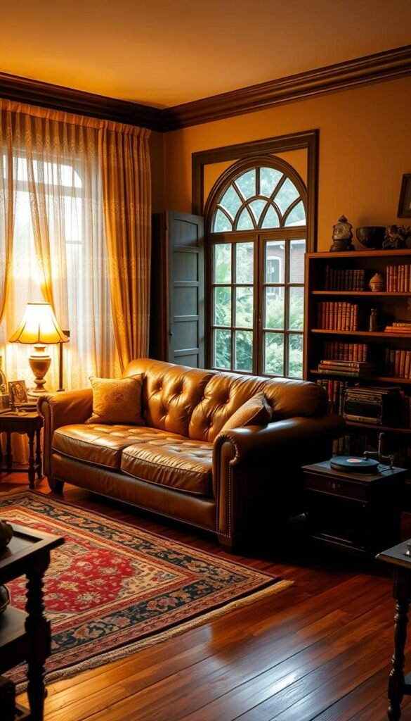 A cozy vintage living room with a plush cognac leather sofa as the centerpiece. Warm, golden lighting filters through lace curtains, casting a soft glow across the space. Hardwood floors are covered in a worn Persian rug, complemented by antique end tables and a brass floor lamp. Weathered bookshelves line the walls, filled with leather-bound volumes and decorative trinkets. A large, arched window overlooking a lush garden provides a serene backdrop, while a vintage gramophone player sits nearby, ready to fill the room with the crackle of vinyl. The overall atmosphere exudes a timeless, inviting charm that draws the viewer in.