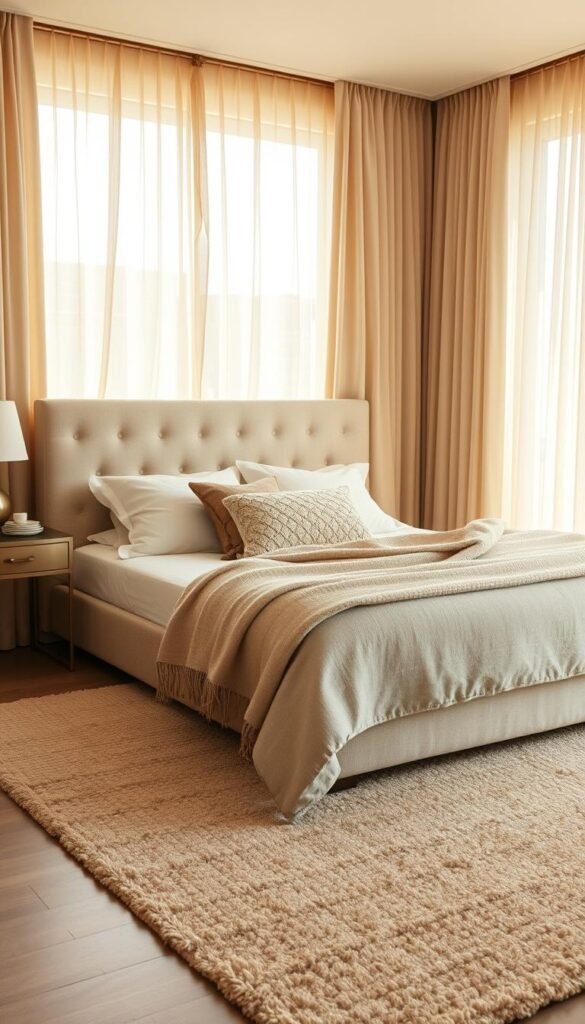 A cozy, warm-toned bedroom bathed in natural light. A plush, textured area rug grounds the space, its neutral tones complementing the soft, sandy walls. A low-profile, tufted headboard frames the bed, its linen-like fabric adding depth. Layers of organic textures, from a woven blanket to a boucle throw pillow, create a welcoming, lived-in ambiance. Sleek, metallic nightstands flank the bed, their hardware gleaming subtly. Sheer, billowing curtains frame the large window, filtering the golden afternoon light. A sense of tranquility and timeless sophistication pervades the scene.