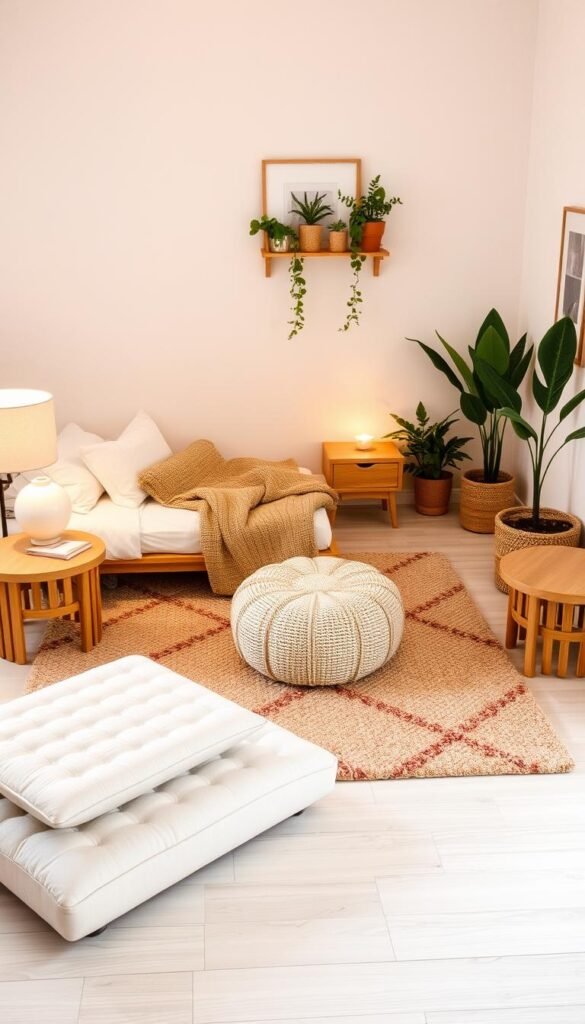 A cozy, well-appointed floor bed setting with a tasteful arrangement of complementary decor and furniture pieces. In the foreground, a plush, low-profile bed frame is adorned with fluffy bedding, throw pillows, and a woven blanket. Surrounding the bed, an assortment of natural wood and rattan side tables, a tufted ottoman, and a floor lamp with a linen shade create a warm, inviting ambiance. In the middle ground, a plush area rug in earthy tones anchors the space, while potted plants, a wall-mounted shelf, and a framed piece of artwork add visual interest. The lighting is soft and diffused, creating a serene, intimate atmosphere. The overall design evokes a sense of cozy, Scandinavian-inspired minimalism.