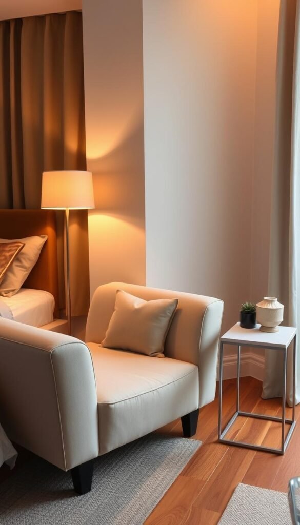 A cozy, well-designed bedroom seating area with a plush, high-backed armchair and a sleek, contemporary side table. The chair is upholstered in a soft, neutral fabric that complements the room's color scheme. Warm, directional lighting from a floor lamp casts a gentle glow, creating a relaxing, inviting atmosphere. The side table features clean lines and a minimalist design, providing a functional surface for displaying decor or placing a book. Hardwood floors and a patterned area rug add texture and warmth to the space. The overall composition emphasizes both comfort and style, showcasing a functional and visually appealing bedroom seating solution.