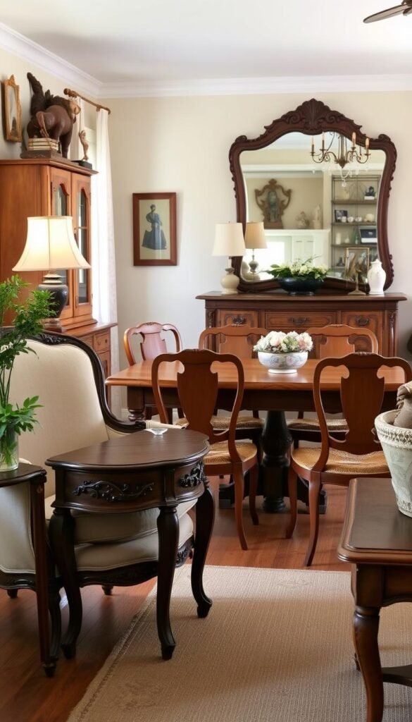 A cozy, well-lit French country living room showcasing an authentic selection of French provincial furniture. In the foreground, a beautifully carved wooden armchair with plush upholstery sits next to a charming side table with intricate floral detailing. In the middle ground, a rustic wooden dining table surrounded by matching chairs with woven rush seats. In the background, a classic French dresser with elegant cabriole legs and a large mirror above it. Soft, warm lighting illuminates the room, creating a inviting, timeless atmosphere.