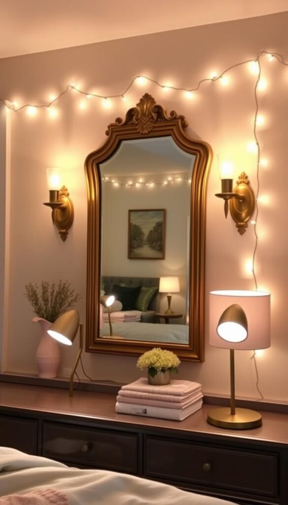 A cozy, well-lit bedroom dresser with a mix of task and ambient lighting. In the foreground, a set of sleek, minimalist task lamps illuminate the dresser surface, casting a soft, warm glow. In the middle ground, a pair of brass sconces flank a large, ornate mirror, creating a focal point and providing gentle, diffused lighting. The background features a string of delicate fairy lights draped along the wall, adding a touch of whimsy and elevating the mood. The overall atmosphere is inviting, relaxing, and showcases how functional and stylish lighting can enhance the ambiance of a bedroom dresser.