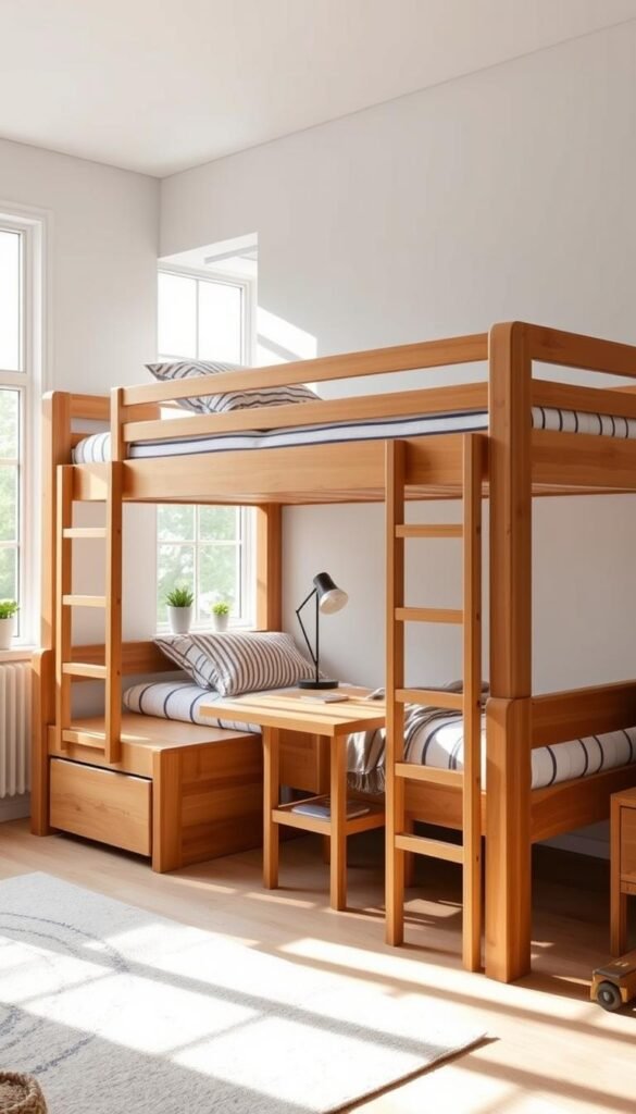 A cozy, well-lit bedroom setting featuring a pair of stylish wooden bunk beds with clean lines and rounded edges. The beds are arranged in a practical configuration, with a small study desk positioned beneath the upper bunk, creating a compact workspace. Soft, natural lighting filters in through large windows, casting a warm glow over the space. Complementary bedding, such as striped or patterned sheets, adds a touch of personality. The room is accented with subtle, coordinated décor elements, like wall art or potted plants, that enhance the inviting, sibling-friendly atmosphere.