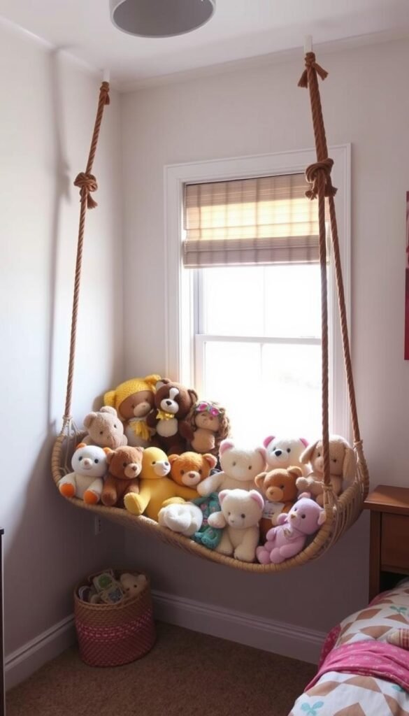 A cozy, well-lit bedroom with a large window letting in soft, natural light. In the corner, a hammock-style shelving unit holds a collection of plush, adorable stuffed animals in various sizes and colors, neatly displayed and easily accessible. The hammock is made of sturdy, woven material and suspended from the ceiling with thick, decorative ropes. The stuffed animals are arranged in a visually appealing manner, creating a whimsical, inviting atmosphere. The overall scene conveys a sense of organization, personality, and a touch of youthful charm that would delight any teen.