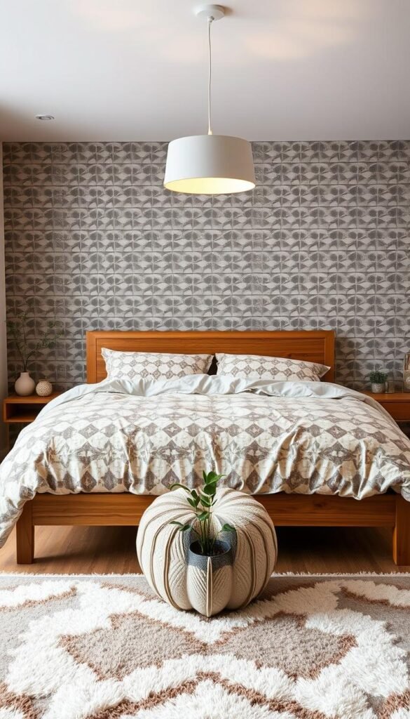 A cozy, well-lit bedroom with a plush, patterned duvet cover draped over a sleek, modern wooden bed frame. The patterned bedding blends seamlessly with a bold, geometric wallpaper in complementary hues, creating a visually striking and harmonious composition. Soft, diffused lighting from a minimalist pendant lamp casts a warm glow, illuminating the scene. In the foreground, a fluffy, tufted area rug with an abstract design anchors the space, while a potted plant and a few decorative objects add touches of natural texture and visual interest. The overall atmosphere is one of refined elegance and effortless style.