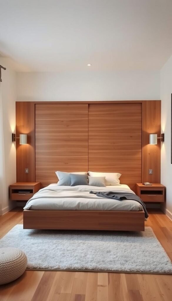 A cozy, well-lit bedroom with a sleek, modern Murphy bed that seamlessly folds into the wall, maximizing the available floor space. The bed's wood-grain finish blends harmoniously with the minimalist decor, while soft lighting from wall sconces creates a warm, inviting atmosphere. The bed frame is flanked by floating nightstands, providing ample storage and a clean, uncluttered look. Soft textures, such as a plush area rug and throw pillows, add comfort and visual interest. The room's overall design is both functional and aesthetically pleasing, allowing ample room for a child's play and relaxation.