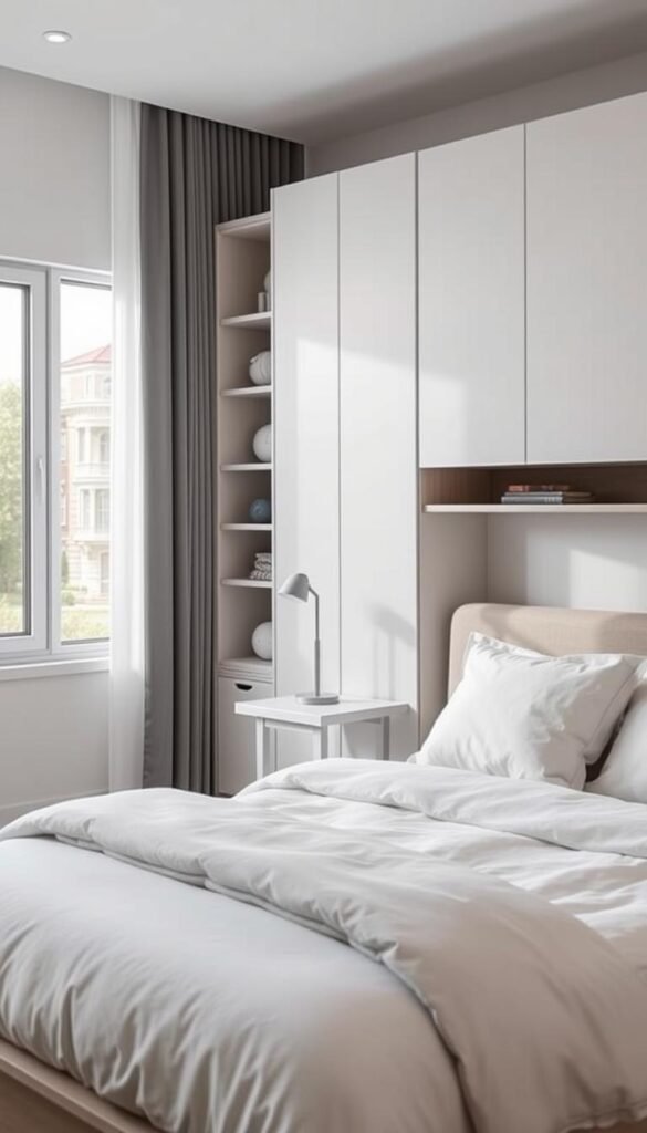 A cozy, well-lit bedroom with a sleek, multi-functional bed that incorporates storage solutions. The bed frame features built-in drawers and shelves, maximizing the available space. In the foreground, the bed is adorned with crisp, white linens and plush pillows, creating a serene and inviting atmosphere. The middle ground showcases a minimalist side table with a reading lamp, complementing the modern aesthetic. In the background, a large window allows natural light to flood the room, illuminating the space and creating a sense of openness. The overall mood is one of efficiency, comfort, and clever space optimization, perfectly capturing the essence of "space-saving bed solutions" for a small boy's bedroom.