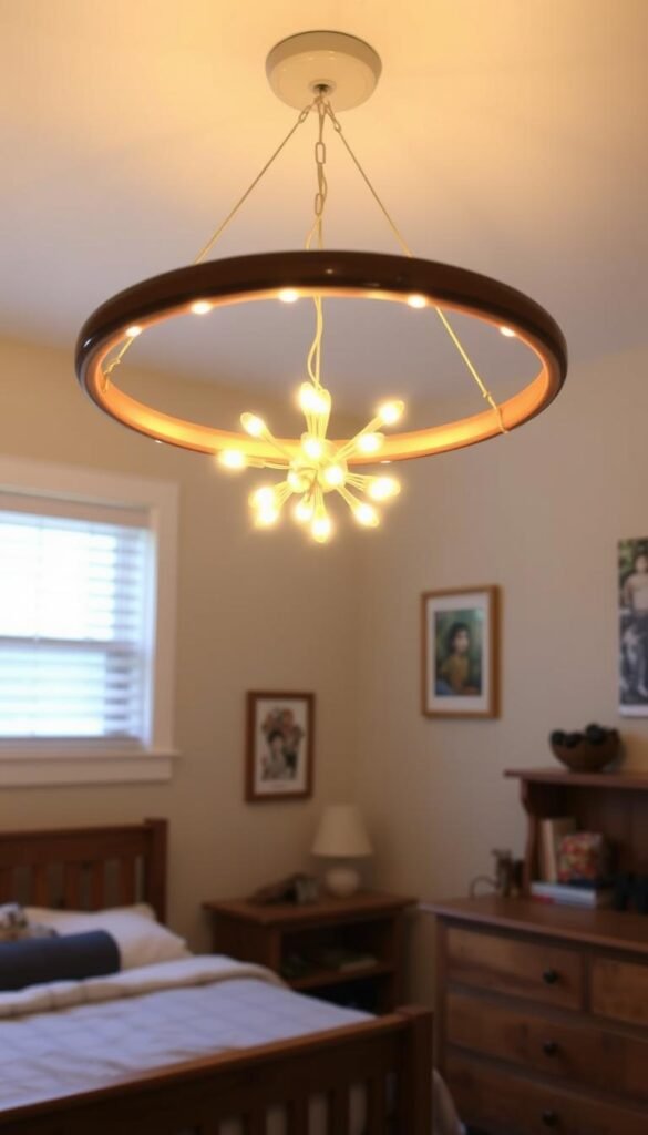 A cozy, well-lit bedroom with a striking DIY hula hoop chandelier as the centerpiece. The hoop is adorned with a cluster of warm LED lights, casting a soft, inviting glow throughout the space. The hoop is suspended from the ceiling, creating a sense of whimsy and playfulness. The room features a neutral color palette, with wooden furniture and accents that complement the rustic-chic aesthetic. The lighting from the chandelier is the focal point, illuminating the room and highlighting the unique, handmade nature of the piece. The overall mood is one of coziness, creativity, and a touch of youthful energy, perfectly suited for a boy's bedroom.