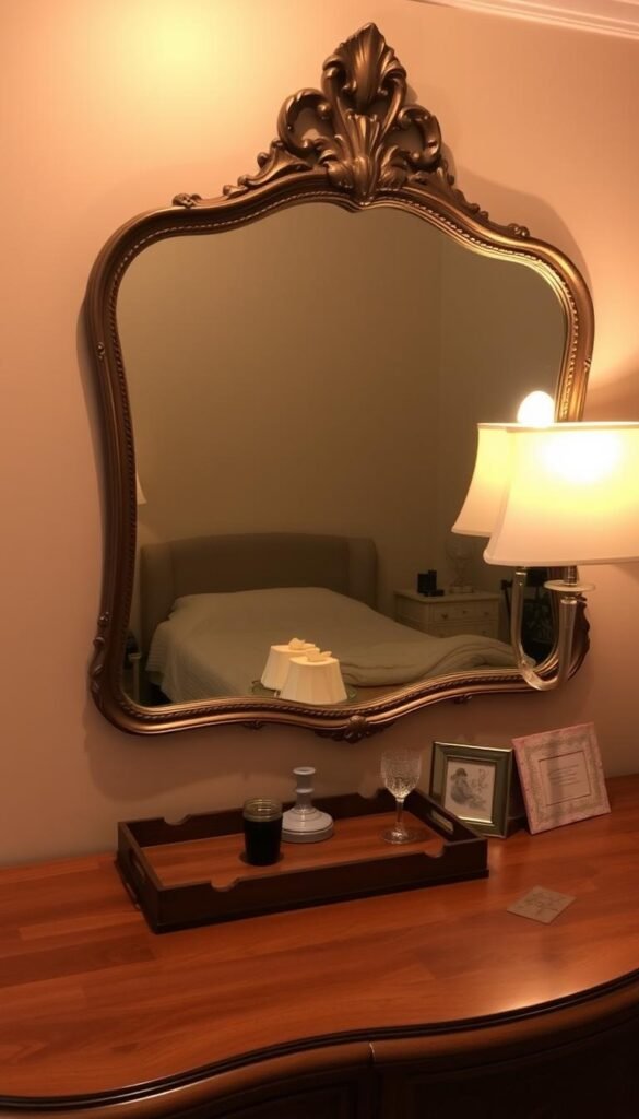 A cozy, well-lit bedroom with a tastefully decorated dresser and a large, ornate mirror above it. The dresser has a wooden surface with a tray, a small lamp, and a few decorative items artfully arranged. The mirror reflects the warm lighting, casting a soft glow across the scene. The walls are a soothing neutral color, and the overall atmosphere is one of refined elegance and tranquility.