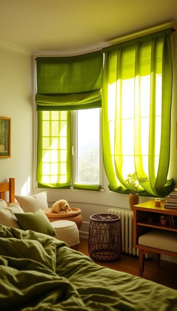 A cozy, well-lit bedroom with lush, cascading green window shades that filter the sunlight, casting a warm, inviting glow across the space. The shades are made of a high-quality, textured fabric that softly diffuses the light, creating a serene and tranquil atmosphere. The shades are slightly billowed, adding a sense of movement and elegance to the scene. The room is bathed in a soothing, earthy palette, with subtle hints of natural wood tones and plush, lush textiles that complement the verdant hues of the shades. The overall effect is one of a calming, restorative oasis, perfect for a child's bedroom.