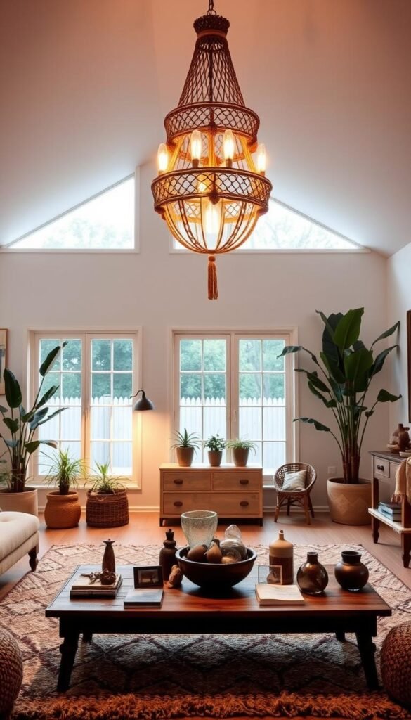 A cozy, well-lit boho living room with a stunning statement lighting fixture hanging above a plush, textured area rug. The light fixture features intricate macrame detailing, rattan accents, and warm-toned bulbs that cast a soft, ambient glow. Large windows let in natural light, illuminating the room's neutral color palette, vintage furniture, and potted plants. In the foreground, a low coffee table displays an eclectic assortment of decorative items, while the middle ground showcases a mix of boho-inspired textures and patterns. The overall atmosphere is calming, inviting, and perfect for a relaxing evening.