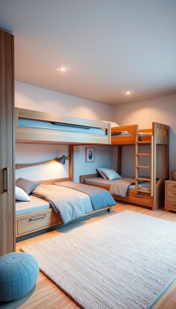 A cozy, well-lit boys' bedroom featuring a set of sleek, modern bunk beds in a sophisticated, minimalist design. The beds are arranged in an L-shape, utilizing the available space efficiently. Warm wooden tones and clean lines create a harmonious, inviting atmosphere. Soft, diffused lighting from overhead fixtures casts a gentle glow, highlighting the clever arrangement. Textured throw pillows, a plush rug, and subtle wall decor add welcoming touches. The bunk bed configuration showcases innovative space-saving solutions perfect for a growing boy's room.