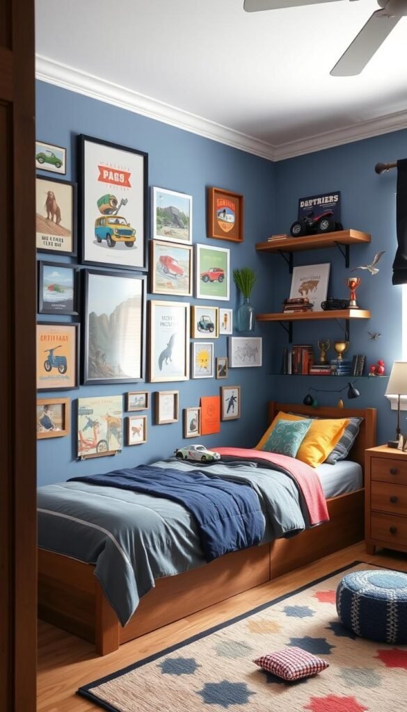 A cozy, well-lit boys' bedroom featuring a vibrant gallery wall of framed illustrations, adventure-themed wall decals, and floating shelves displaying a collection of model vehicles, trophies, and books. The walls are painted a calming shade of blue, complemented by wooden furniture and pops of color from textiles and accessories. Soft ambient lighting and a playful rug create a welcoming, personalized atmosphere that reflects the young occupant's adventurous spirit and budding personality.