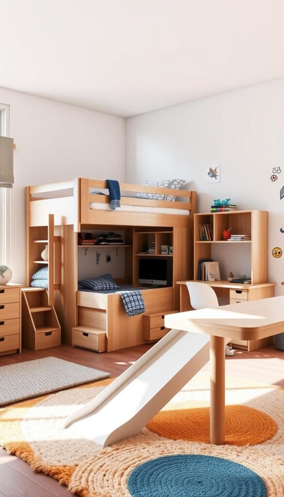 A cozy, well-lit boy's bedroom with adaptable, modular furniture. In the foreground, a versatile bunk bed with built-in storage and a slide, its design evolving as the child grows. In the middle ground, a spacious desk with integrated shelves, providing ample workspace and display space. Complementing the furniture, a plush area rug and playful wall decals create a vibrant, youthful atmosphere. The background features large windows, allowing natural light to flood the space and giving the impression of an open, airy layout. The overall scene conveys a sense of flexibility and functionality, reflecting the adaptability of the furniture to accommodate the changing needs and interests of a growing boy.