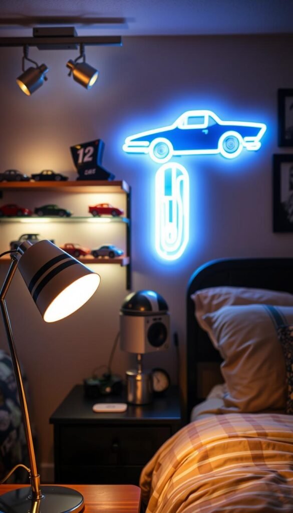 A cozy, well-lit car-themed bedroom featuring an array of automotive-inspired lighting accessories. In the foreground, a desk lamp with a sleek chrome base and a lamp shade adorned with racing stripes casts a warm glow. In the middle ground, a wall-mounted track lighting system with adjustable spotlights illuminates shelves displaying miniature car models and car-themed collectibles. In the background, a neon sign in the shape of a vintage car radiates a vibrant, neon-infused ambiance, creating a dynamic and immersive atmosphere. The overall scene conveys a sense of automotive passion and personal expression within a comfortable, inviting living space.