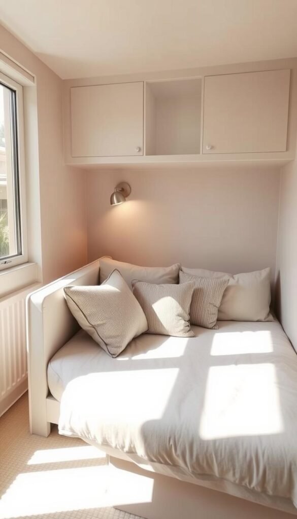 A cozy, well-lit daybed occupies a small, minimalist bedroom. Soft lighting from a sconce and natural sunlight through a large window create a warm, inviting atmosphere. The daybed features clean lines, plush upholstery, and decorative throw pillows, seamlessly blending into the neutral color scheme. Discreet shelving above provides additional storage and display space. The overall impression is one of clever space-saving design and thoughtful functionality within a compact, but beautifully curated room.
