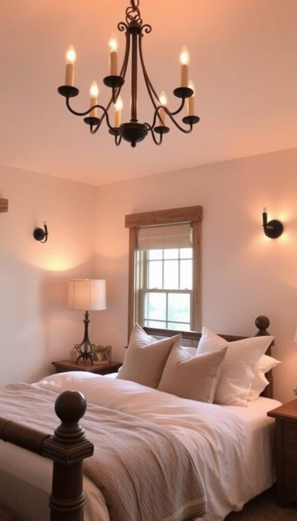 A cozy, well-lit farmhouse bedroom with warm, inviting lighting. The room features a rustic wooden bed frame, a plush comforter, and soft, textured throw pillows. Overhead, a wrought-iron chandelier with candle-like bulbs casts a gentle glow, illuminating the space. In the corner, a floor lamp with a linen shade adds additional ambient light. Warm-toned wall sconces flank a large window, casting a soft, diffused light across the room. The overall lighting scheme creates a relaxing, cozy atmosphere, perfect for a restful night's sleep in a modern farmhouse bedroom.