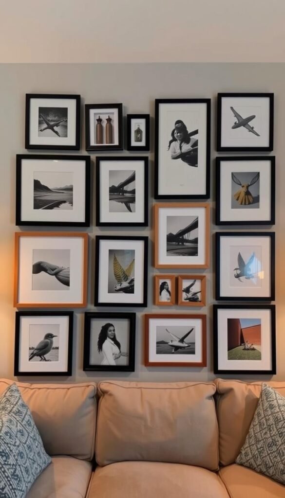 A cozy, well-lit gallery wall showcasing a thoughtful curation of framed art, photographs, and keepsakes. The wall features a harmonious color palette, with a mix of black, white, and natural wood frames that create a cohesive visual flow. Carefully arranged in an asymmetrical layout, the pieces tell a personal story, reflecting the homeowner's unique style and interests. Soft, warm lighting casts a gentle glow, highlighting the textures and details of the artwork. The overall atmosphere is inviting and inspirational, encouraging the viewer to explore the individual pieces and discover the narrative they collectively convey.