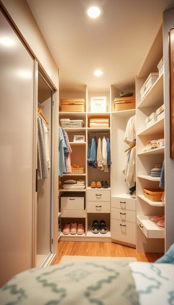A cozy, well-lit kids' closet with adjustable storage solutions. In the foreground, a tall wardrobe with sliding doors and multiple hanging rods at different heights. The middle ground features customizable shelves and drawers, perfect for neatly organizing clothes, toys, and accessories. The background showcases a visually appealing yet functional layout, with a neutral color palette and touches of warm wood tones. Soft, directional lighting accentuates the organization and practicality of this versatile closet, designed to adapt as the child grows. Shot from a slightly low angle to emphasize the sense of spaciousness and accessibility.