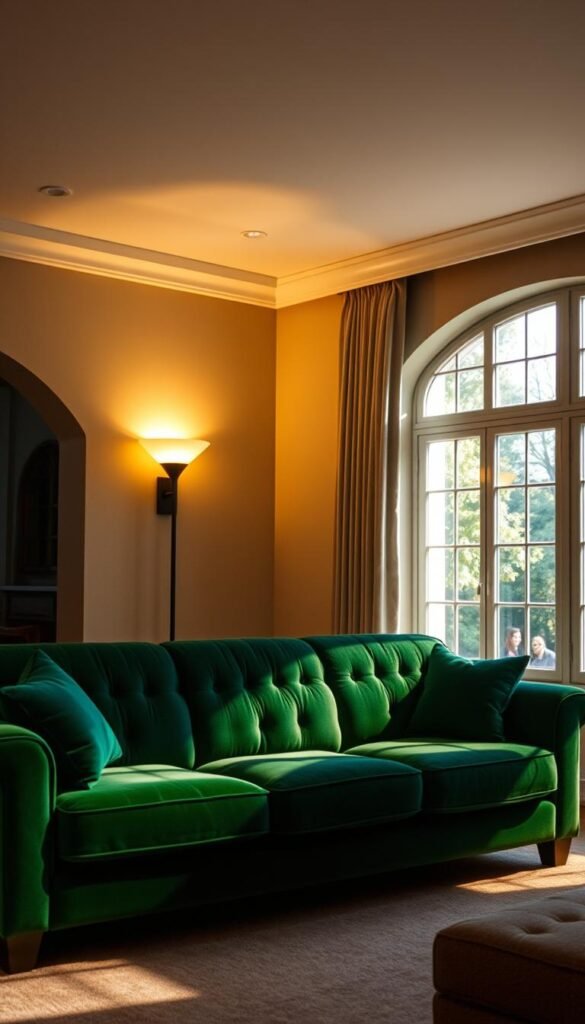 A cozy, well-lit living room featuring an emerald green sofa as the focal point. The sofa is illuminated by a combination of warm, soft lighting from a floor lamp and recessed ceiling lights, casting a gentle glow across the plush velvet upholstery. Indirect lighting from a pair of wall sconces on either side of the sofa add depth and ambiance, while a large window floods the space with natural daylight, creating a harmonious balance of natural and artificial illumination. The lighting is designed to accentuate the rich, jewel-toned color of the sofa, making it the undisputed center of attention in the room.