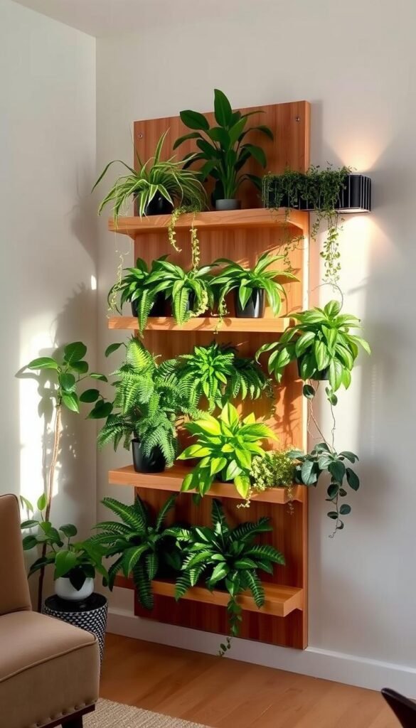 A cozy, well-lit living room with a vertical plant shelf against a light-colored wall. The shelf is made of sleek, modern wood panels, with three or four tiers neatly displaying a variety of thriving houseplants, from lush ferns to trailing vines. The plants are arranged in a visually appealing, balanced composition, casting soft, natural shadows. The lighting, either from a nearby window or discreet wall sconces, creates a warm, inviting atmosphere, highlighting the greenery and emphasizing the shelf's clean, minimalist design. The overall scene conveys a sense of harmony, with the vertical plant display optimizing the limited floor space and seamlessly integrating nature into the living room decor. A cozy, well-lit living room with a vertical plant shelf against a light-colored wall. The shelf is made of sleek, modern wood panels, with three or four tiers neatly displaying a variety of thriving houseplants, from lush ferns to trailing vines. The plants are arranged in a visually appealing, balanced composition, casting soft, natural shadows. The lighting, either from a nearby window or discreet wall sconces, creates a warm, inviting atmosphere, highlighting the greenery and emphasizing the shelf's clean, minimalist design. The overall scene conveys a sense of harmony, with the vertical plant display optimizing the limited floor space and seamlessly integrating nature into the living room decor.