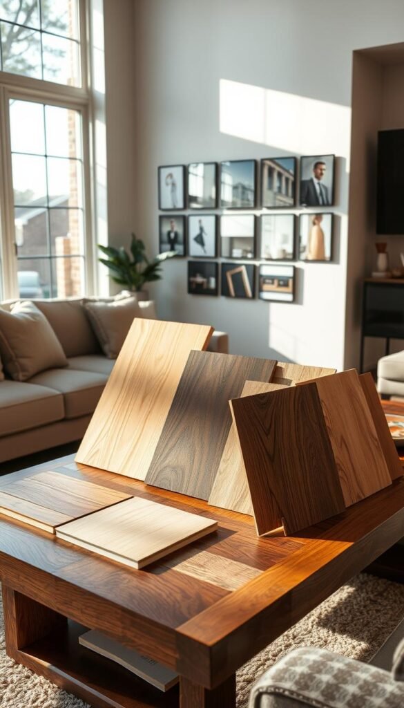 A cozy, well-lit living room with an array of wood paneling samples displayed on a sleek wooden table. The paneling ranges from rustic oak to polished maple, showcasing a variety of grains, textures, and stain colors. A large window floods the scene with natural light, casting a warm glow on the materials. In the background, a gallery wall of inspirational home design images provides context. The overall atmosphere is one of thoughtful consideration, inviting the viewer to envision how these paneling options could elevate the style of their own modern living space.