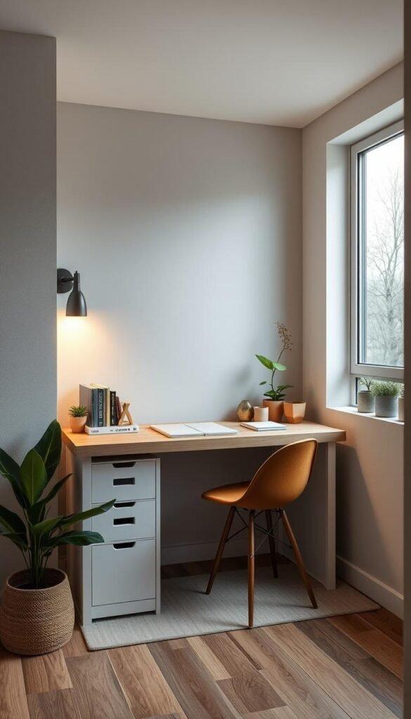 A cozy, well-lit nook with a compact, custom-built study desk tucked into an awkward corner. The desk features a minimalist, modern design with a sleek wooden top, clean lines, and integrated storage for books and supplies. Soft, indirect lighting from a wall sconce casts a warm glow, creating a productive yet relaxing atmosphere. The nook is surrounded by subtly textured walls, with a large window letting in natural daylight and providing a pleasant view. Potted plants and a few carefully selected decor pieces add a touch of personality, making the space feel both functional and visually appealing.