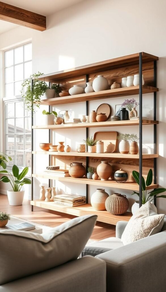 A cozy, well-lit open shelving unit stands proudly in a bright, airy farmhouse-inspired living room. Rustic wood planks line the shelves, accented by a mix of decorative ceramics, potted plants, and vintage-inspired trinkets. Soft, natural sunlight filters through large windows, casting a warm glow on the neutral-toned walls and textured fabrics. The overall aesthetic is effortlessly bohemian, blending modern and vintage elements seamlessly. A sense of coziness and relaxation permeates the space, inviting the viewer to linger and appreciate the beauty of this functional yet stylish open shelving display.
