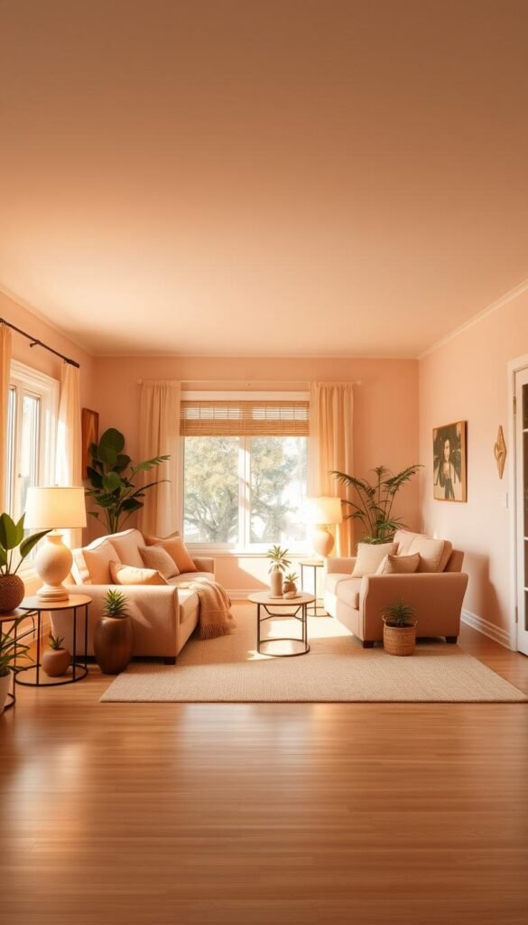 A cozy, well-lit peach-toned living room with warm, soft lighting from a large window and a pair of table lamps. The room is spacious, with a plush peach-colored sofa and matching armchair positioned to create a welcoming conversation area. The walls are painted a soft, peachy hue, and the hardwood floors are covered with a beige area rug. Potted plants and peach-accented decorative elements add natural touches throughout the space, creating a serene and inviting atmosphere.