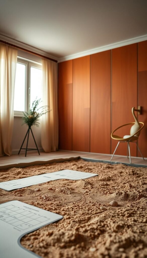 A cozy, well-lit room with a warm, earthy color palette. In the foreground, a detailed, intricate foundation assessment is displayed, showcasing the structural integrity and base materials of the room. The middle ground features rich, textured wall panels in shades of terracotta, ochre, and sienna, creating a comforting and inviting atmosphere. The background subtly blends into soft, muted tones, emphasizing the importance of the room's foundation as the starting point for a harmonious, cohesive design. The lighting is soft and diffused, casting a gentle glow throughout the scene, highlighting the attention to detail and the significance of establishing a strong foundation for a cozy, autumn-inspired bedroom.