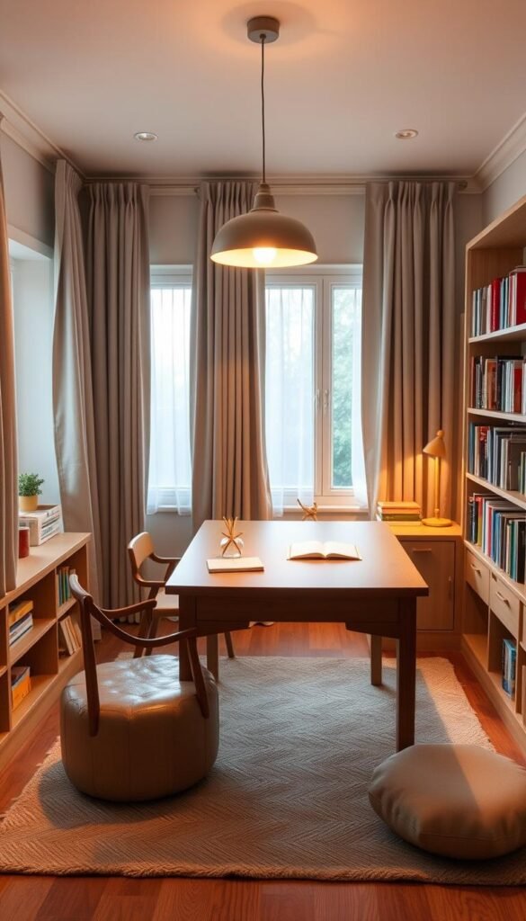 A cozy, well-lit study area for kids, featuring a sturdy wooden desk with a spacious tabletop. Warm, indirect lighting from a pendant fixture overhead, casting a gentle, focused glow on the work surface. Bookshelves lining the walls, filled with colorful volumes and academic accessories. Large, curtained windows allow natural daylight to filter in, creating a balanced, ambient illumination. Soft, neutral-toned rugs and comfortable seating encourage a productive, distraction-free environment. The overall mood is one of calm concentration, fostering a sense of focused engagement for young learners.