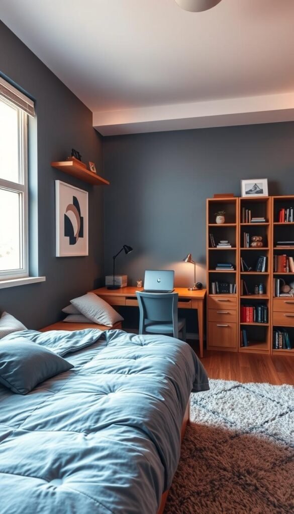 A cozy, well-lit teenage boy's bedroom with a cohesive color scheme. In the foreground, a neatly made bed with plush bedding in complementary tones. On the walls, an abstract geometric art piece and floating shelves displaying carefully curated décor. The middle ground features a modern wooden desk with a sleek laptop and minimalist accessories. Warm natural lighting filters in through large windows, casting a soft glow across the space. In the background, a bookcase filled with volumes in coordinating hues and a plush area rug that ties the entire room together. The overall atmosphere is one of calm, creativity, and personal expression.