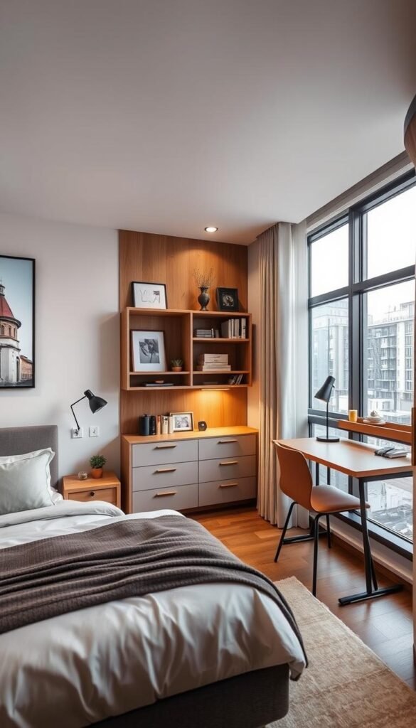 A cozy, well-organized bedroom interior with a focus on clever furniture arrangement for maximum space utilization. The scene depicts a neatly made bed with plush bedding, complemented by a minimalist bedside table and a sleek, wall-mounted shelving unit that doubles as a display for decorative items. In the corner, a compact study desk with a stylish chair is positioned to utilize an otherwise unused space. Warm, diffused lighting from a combination of overhead fixtures and task lamps creates a welcoming ambiance, while large windows allow natural light to flood the room, enhancing the sense of openness and airiness. The overall design strikes a balance between functionality and aesthetic appeal, showcasing how thoughtful furniture placement can transform a small bedroom into a stylish and efficient living space.