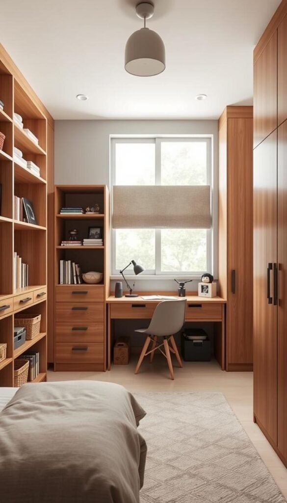 A cozy, well-organized boys' bedroom with smart storage solutions. In the foreground, neatly arranged shelves and drawers in warm wood tones provide ample space for books, toys, and personal items. Strategically placed cubbies and baskets offer additional storage, keeping the room tidy and clutter-free. The middle ground features a compact, multi-functional desk with built-in drawers and shelves, allowing the child to study, play, and store their belongings efficiently. In the background, a large window floods the room with natural light, creating a bright and airy atmosphere. Soft, muted colors and textures blend seamlessly, resulting in a harmonious and visually appealing space that maximizes functionality for a growing boy.